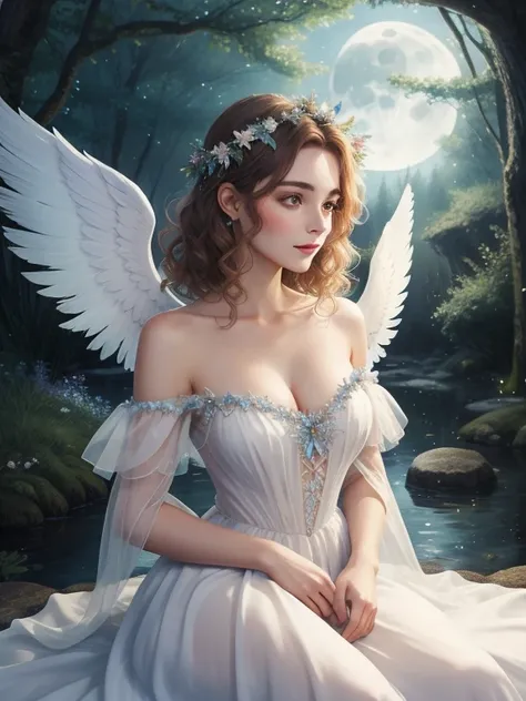 Picture Prompt: A cute French woman in an open-shoulder dress, adorned with angels wings, immerses herself in the bewitching atmosphere of a moonlit bathing scene deep in the forest. Her pale, silky skin glows under the mysterious, magical worlds moonbeams...