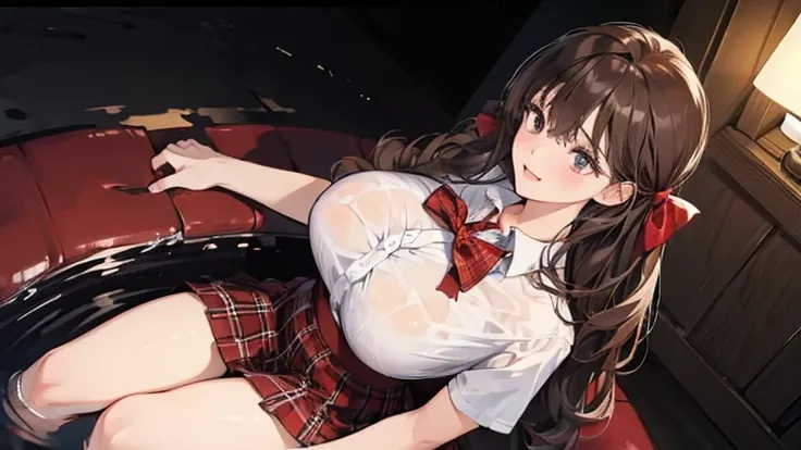 (in the dark:1.6) school girl Soak in water , red knot , red bow , white Shirt , big tits , Big breasts , skirt dark red , plaid skirt , pleated skirt