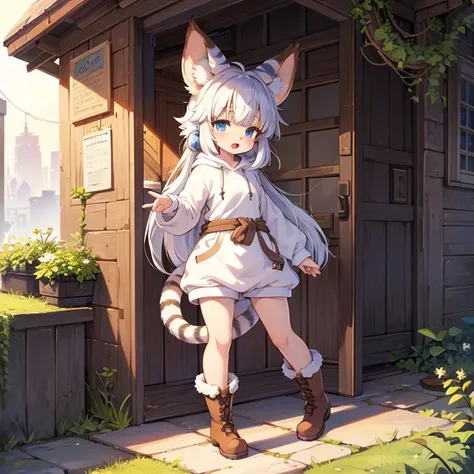 1 girl, alone, furry, fluffy, White fur, short hair, Nanachi (Made in Abyss), long hair, tiger ears, tail, blue eyes, hoodie, boots, put your hand on your waist, :3, open your mouth, Are standing, looking at the viewer, outdoor, city