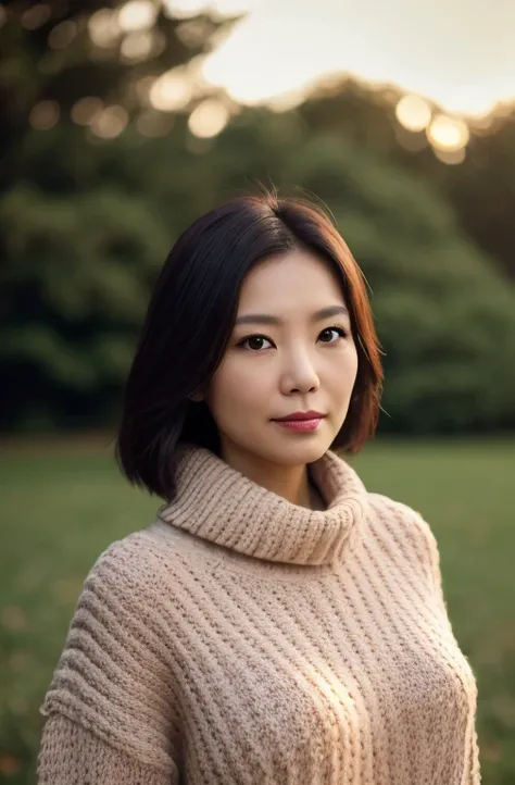 Portrait of a middle-aged Taiwanese woman, 40 years old, cute face, Slim, Tortitz, (big sagging:1.1), huge nipples, wear (Sexy sweater:1.2), Bokeh background, Simple background, (highly refined skin:1.0), (masterpiece:1.2) (lifelike:1.2) (Bokeh) (best qual...