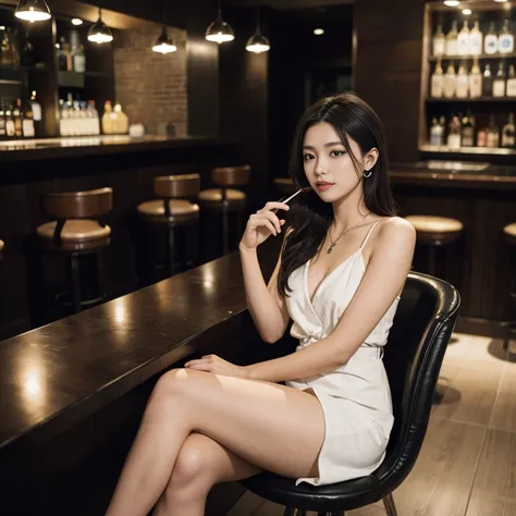 A woman sitting alone at the counter of a stylish bar and smoking