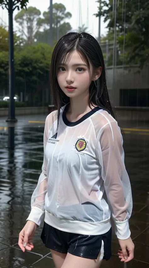 UHD, retina, masterpiece, ccurate, anatomically correct, textured skin, super detail, high details, high quality, award winning, best quality, highres, 1080P, HD, 4K, 8k, 16k、soccer court、soccer ball、Soccer Shoes、soccer uniform、very cute girls,sweaty、(Clot...