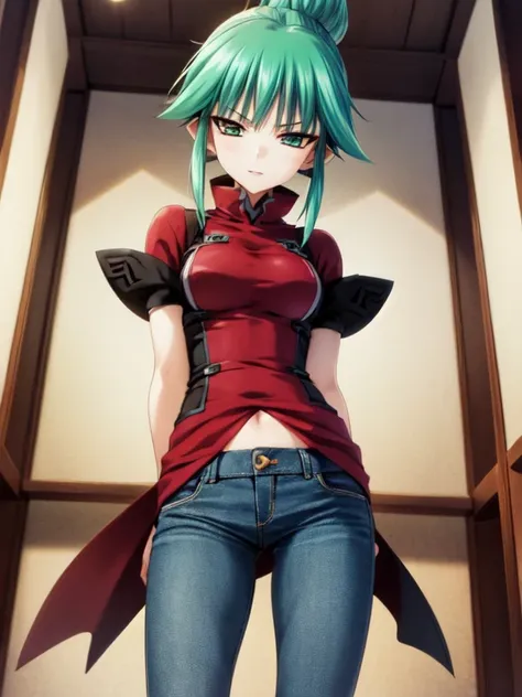 nsfw , Tsukuyomi Mana , (((highres official art))) , (((1girl))) , (((solo))) , green hair , green eyes , blush , shy , sidelocks , single hair bun , t-shirt , jeans , light smile , parted lips , leaning back