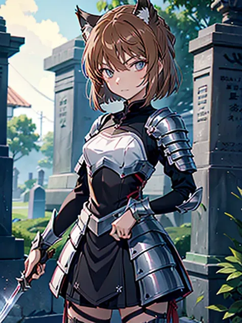 Haibara Ai、girl、brown hair、Cat ear、cat tail、Western armor、knight、prepare a sword、excalibur、cemetery、UHD, retina, masterpiece, ccurate, anatomically correct, textured skin, high details, best quality