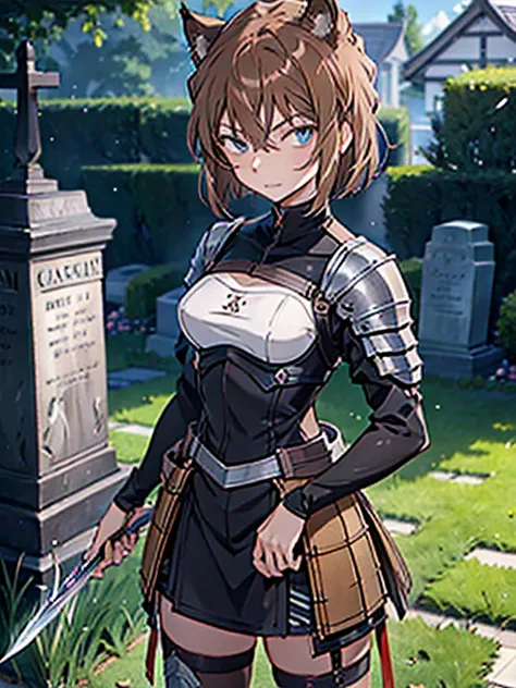 Haibara Ai、girl、brown hair、Cat ear、cat tail、Western armor、knight、prepare a sword、excalibur、cemetery、UHD, retina, masterpiece, ccurate, anatomically correct, textured skin, high details, best quality