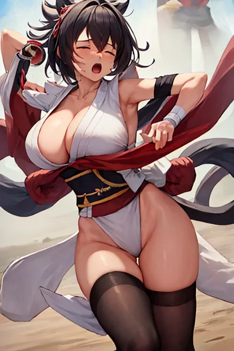 masterpiece, best quality, beautiful art, high resolution, well formed hands, body and fingers, 1 woman, solo, Yoimiya. adult, grown up , big breasted, cleavage, full body, wearing a Iroha Samurai Shodown outfit, maid, hair ornament, black stockings, pelvi...