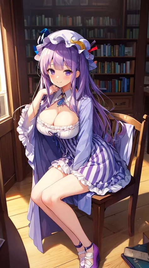 High resolution、(masterpiece)、best quality、(perfect anatomy)、very detailed, patchouli knowledge,  striped_dress, 垂直-striped_dress, purple hair, hat with frills, white hat, Oriental Project, Library,  big breasts, I can see the cleavage, smile, embarrassing...