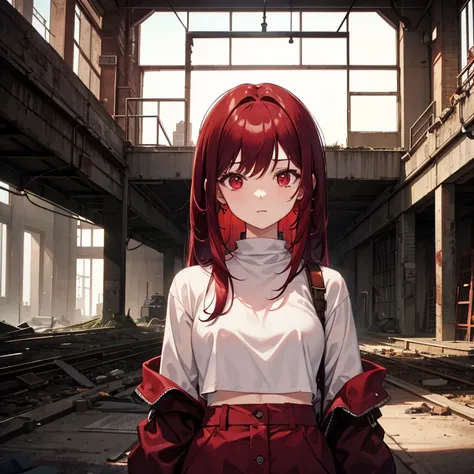 abandoned factory, indoor, looking at viewer, upper body, 1girl, maroon hair, medium hair, messy hair, red eyes, white crop-top shirt, long sleeves, maroon vest