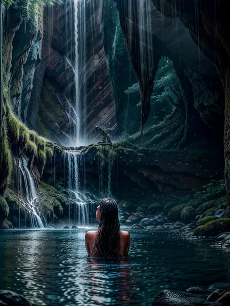 A breathtaking waterfall cascades down a rocky cliff, hidden deep in the enchanting forest, as the moonlight casts an ethereal glow upon the surroundings. In this mystical realm, a Russian beauty, adorned in a flowing gown, stands gracefully by the waters ...