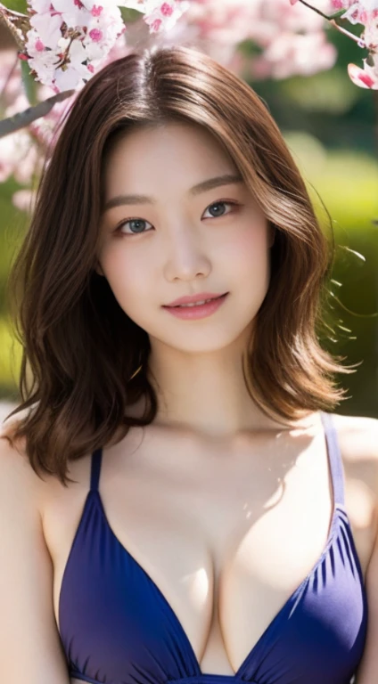 Cherry tree、swimsuit、open chest、I&#39;m not wearing anything inside、whole body、NiziUAYAKA、 ４Ｋ、１people&#39;s women、slender、 Loose wavy styling 、seductive and attractive、Including face and skin texture.，detailed eyes、A soothing expression with a smile