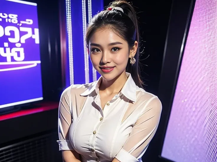 news program,news caster,(studio),(huge breasts:1.4) ,(thai woman:1.4),(highponytail),(forehead),(Announcer),(tight suit),thin waist,(smile:1.3),small mole under the eye,cowboy shot:1.3,(dress shirt),