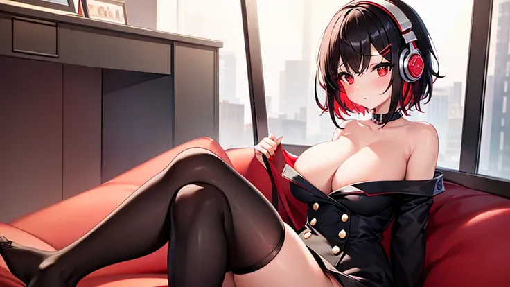 （１woman）NSFW、masterpiece、Highest image quality、ultra high resolution、big breasted elementary school girl、red and large eyes,、black short hair、The hair inside is colored、(Two red hairpins)、red face、shyly、(Wearing headphones)、（Wear black stockings）
