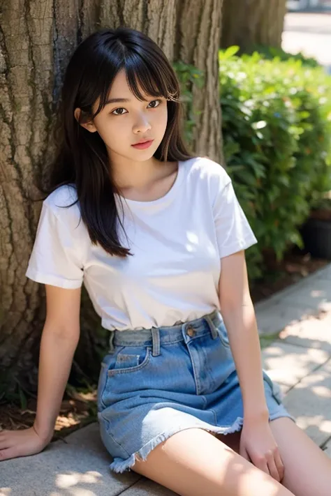 8k,Japanese,15-year-old,Innocent and innocent face,highly detailed face,kind eyes,,straight bang hair,hair blowing in the wind,girl,cute,summer clothes,everyday wear,short sleeve,random color shirt,Random skirt,in the shade of a tree,sitting,short black ha...