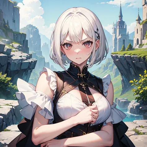 masterpiece, best quality, kingdom, landscape, looking at viewer, upper body, 1girl, white hair, bob cut hair, white eyes, white vest, short sleeves, crossed arms, angry, nose blush, medium breasts