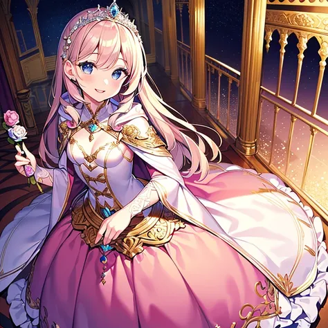 (kawaii),(best quality),(ultra detailed),(rococo style),(long train pastel pink cape:1.15), very long cape,(long train white ball gown with flower decorations:1.1), a girl is wearing a cape over her gown,(she has a western style fan:1.05), 1 little princes...