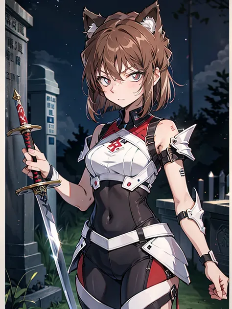 Haibara Ai、girl、one person、brown hair、Cat ear、cat tail、armor、prepare a sword、excalibur、night、cemetery、UHD, retina, masterpiece, ccurate, anatomically correct, textured skin, high details, best quality