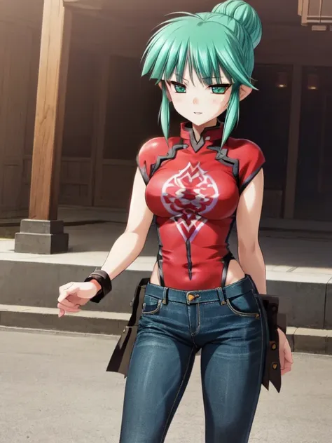 nsfw , Tsukuyomi Mana , (((highres official art))) , (((1girl))) , (((solo))) , green hair , green eyes , blush , shy , sidelocks , single hair bun , t-shirt , jeans , light smile , parted lips , standing