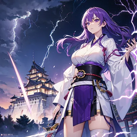 Purple hair, Japanese clothes, lightning, woman, large breasts, sword, castle in the background 