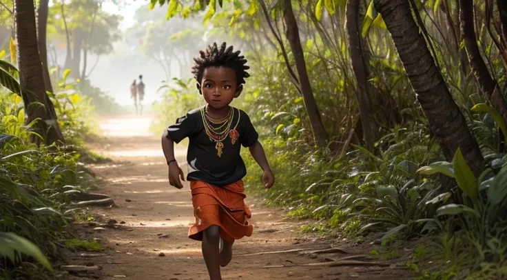 a boy in indian clothes, cor de pele preta, menino negro, indigenous boy, se escondendo no meio da floresta, ele esta correndo n...