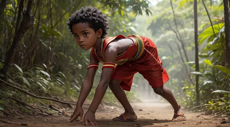 a boy in indian clothes, cor de pele preta, menino negro, indigenous boy, se escondendo no meio da floresta, ele esta correndo n...