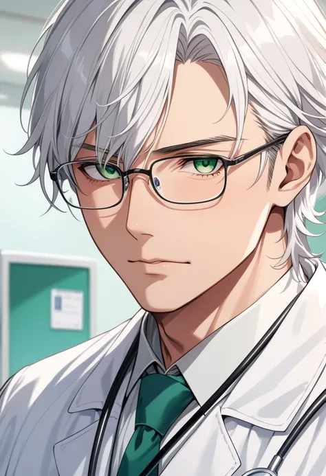 (masterpiece, best quality:1.2), (1boy), solo, 8k, white hair, ((long hair)), glasses, handsome male, very detailed, tall, doctor, anime style, at a hospital, white coat, ((blushing)), beautiful green eyes, dynamic perspective, sharp focus, extremely detai...