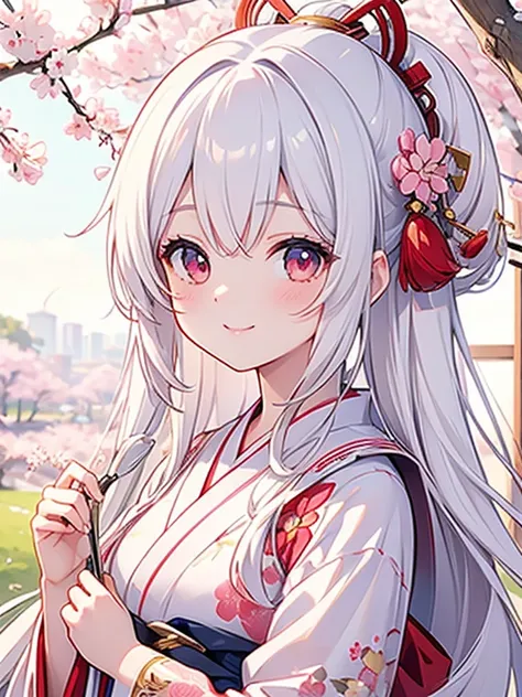 masterpiece, best quality, ultra-detailed, illustration, cute, Girl, Solo, face focus, White hair, long hair, blouse, smile, wearing japanese kimono, cherry blossoms