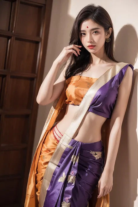  Off white printed silk saree with orange and purple embroidery. Unstitched blouse piece attached at the end of saree. Blouse shown in the photo is a styling suggestion, it is not a part of the actual product.