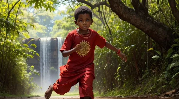 a boy in indian clothes, roupas cor vermelha, cor de pele preta, menino negro, indigenous boy, pulando arbustos  no meio da flor...