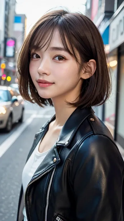 (((shoulder length straight brown hair mini bob)))、(((目が細くlight eye makeup)))、(((standing alone on the rider&#39;black leather j...