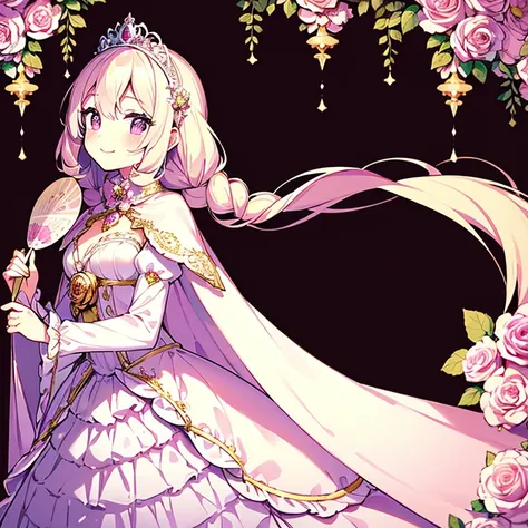 (kawaii),(best quality),(ultra detailed),(rococo style),(long train pastel pink cape:1.15), very long cape,(long train white ball gown with flower decorations:1.1), a girl is wearing a cape over her gown,(she has a western style fan:1.05), 1 little princes...