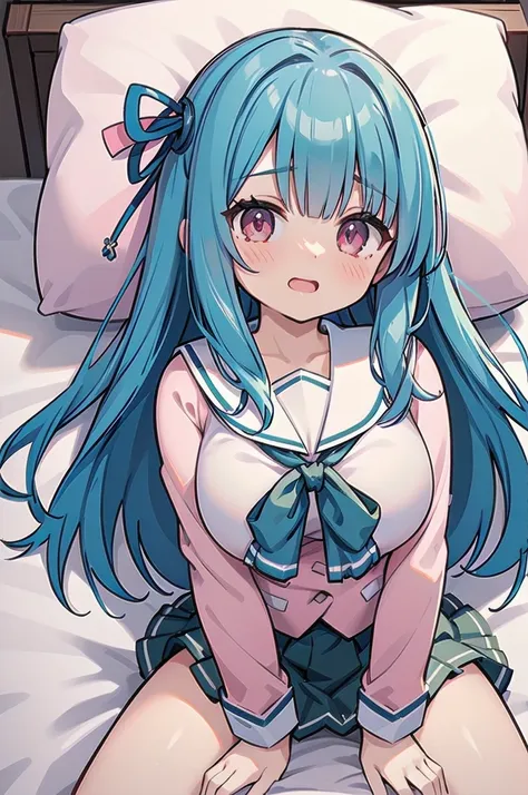 (((full body))), (((blue hair))), (((pnkserafuku))), (((vaginal,sex))), (((spread legs onbed))),(((cum in pussy))),(((from above...