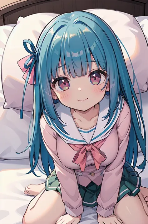 (((full body))), (((blue hair))), (((pnkserafuku))), (((vaginal,sex))), (((spread legs onbed))),(((cum in pussy))),(((from above...