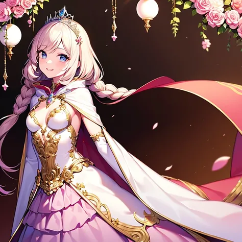 (kawaii),(best quality),(ultra detailed),(rococo style),(long train pastel pink cape:1.15), very long cape,(long train white ball gown with flower decorations:1.1), a girl is wearing a cape over her gown,(she has a western style fan:1.05), 1 little princes...