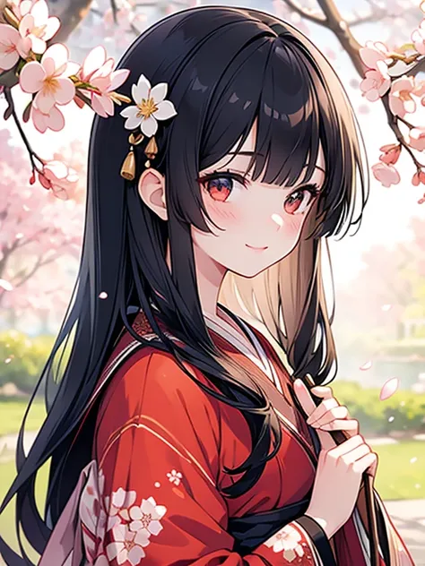 masterpiece, best quality, ultra-detailed, illustration, cute, Girl, Solo, face focus, Black hair, long hair, blunt bangs, blouse, smile, wearing japanese kimono, cherry blossoms