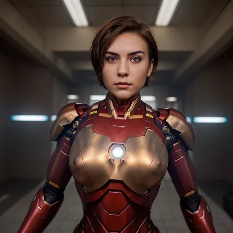 A beautiful girl with short bronze hair, sharp eyes, dark eyebrows, a high nose, a body made of steel, with an energy core in the middle of her chest, like Iron Man in the movie.