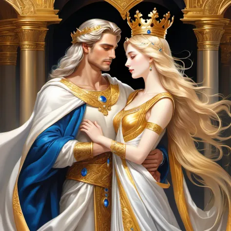 in the arms of a very handsome young, majestic, courageous, athletic, attractive king men with long straight platinum hair, liht...