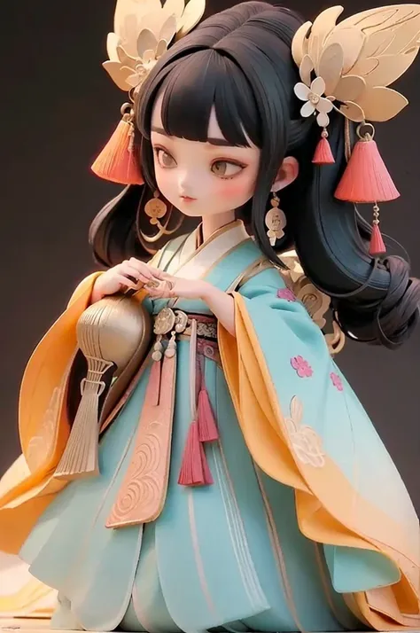 qi gu feng, game icon institute, game icon, 1girll, solo, hair ornament, black hair, beautiful eyes, open, musical instrument, f...