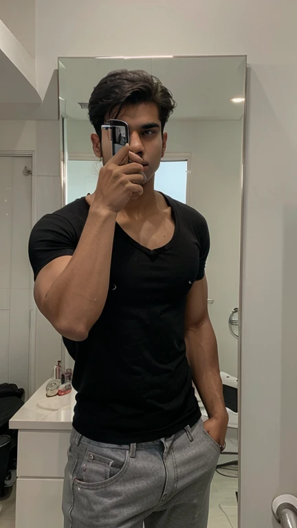 Indian big, white skin, 18 years old, model face, jawline, looking at viewer, wearing black shirt, flexing his bicep, mirror selfie