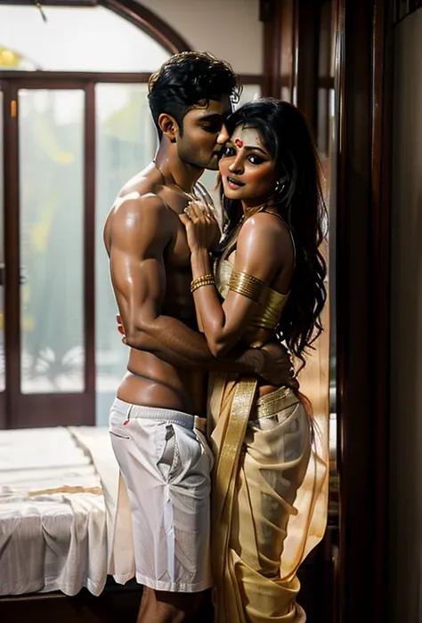 Couple, hot, girl in saree, boy in shorts, kissing in bedroom,  dimlylit, sensuous 