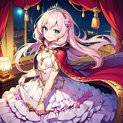 (kawaii),(best quality),(ultra detailed),(rococo style),(long train pastel pink cape:1.15), very long cape,(long train white ball gown with flower decorations:1.1), a girl is wearing a cape over her gown,(she has a western style fan:1.05), 1 little princes...