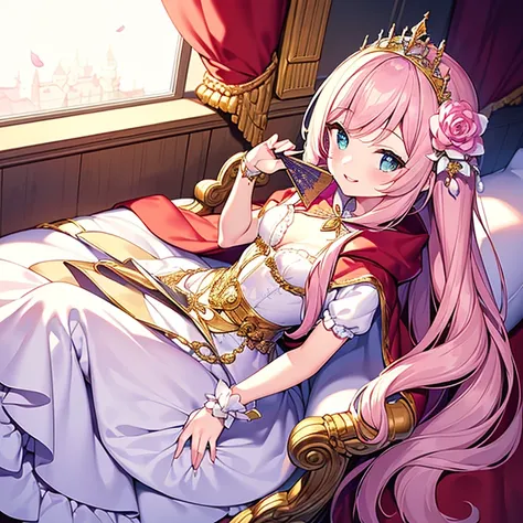 (kawaii),(best quality),(ultra detailed),(rococo style),(long train pastel pink cape:1.15), very long cape,(long train white ball gown with flower decorations:1.1), a girl is wearing a cape over her gown,(she has a western style fan:1.05), 1 little princes...