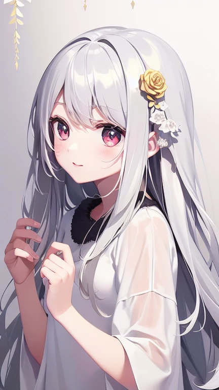 ((masterpiece, best quality))++, Detail lights+,  detail hair+, Detail hand+ ,1 girl, Honey, long gray hair,   dark red eyes,  beautiful eyes, Young gray hair,,(beautiful white hair:1.5),(beautiful eyes),    high resolution+,   black stockings  ， a white p...