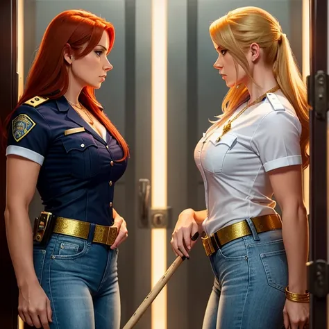 2 lady cops, 1 blonde, 1 redhead, hot, cop uniform, white shirt, blue jeans,thin gold necklace, looking angry, side view, holdin...