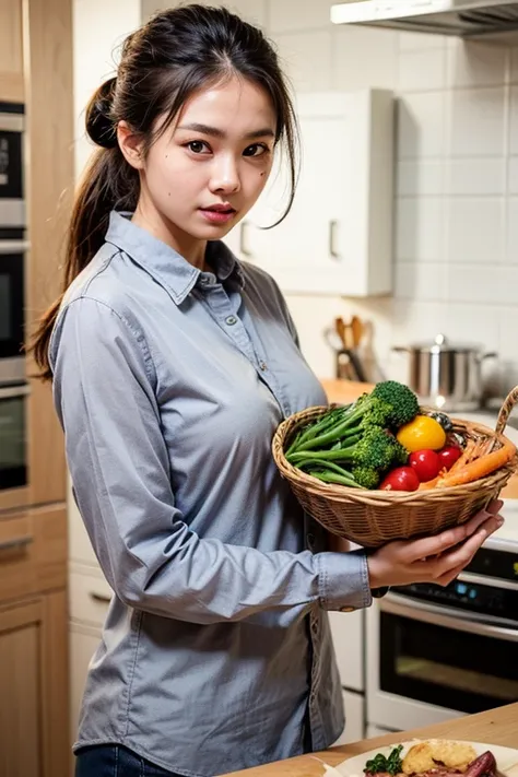 ((best quality:1.2)), ((masterpiece:1.2)), (detailed:1.2), 1 girl, perfect indonesian face, real skin texture, chubby body girl, detailed fingers and rings, messy ponytail bun hair, baggy gray long-sleeved collared shirt, kitchen bacground, full set kitche...