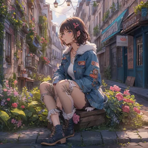 (Highly detailed CG unit 8k wallpaper, masterpiece, High resolution, highest quality, highest qualityのリアルテクスチャスキン), Woman sitting on a flower bed by the road:1.4, Short fade cut messy curly hair, detailed costume, A maxi-length lace-up layered tight skirt ...