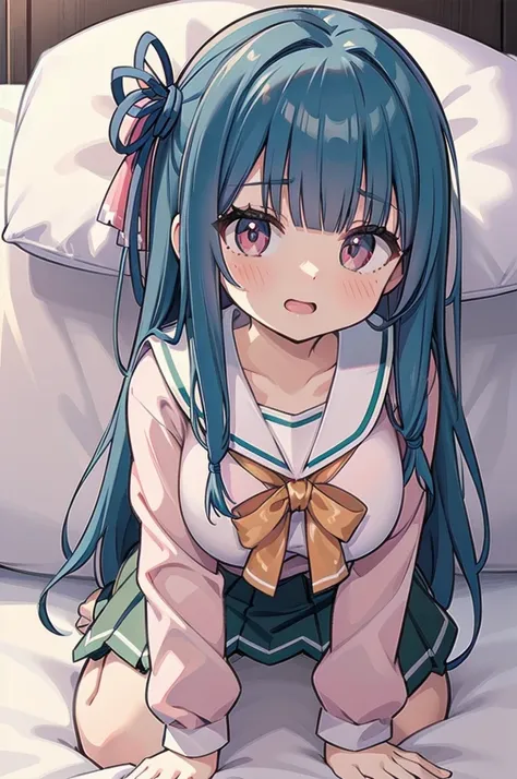 (((full body))), (((blue hair))), (((pnkserafuku))), (((vaginal,sex))), (((spread legs onbed))),(((cum in pussy))),(((from above...