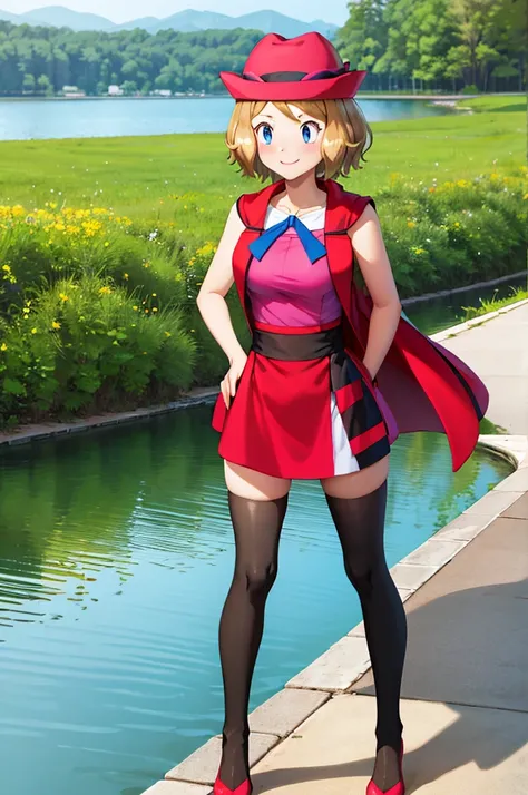 masterpiece, best quality, highres, serena (pokemon), short hair, blue eyes, 1girl, solo, blue ribbon, eyelashes, black thighs, neck ribbon, sleeveless, bangs, collarbone, bare arms, pink dress, red coat, pink hat, outdoor, standing by a lake, blushing, sm...