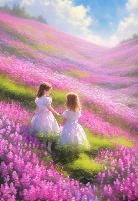 A landscape photo of a vast moss phlox, Twin girls standing in a flower field and looking up at the blue sky, Beautiful and fragrant moss phlox flowers,Artistic Graphic Art Phlox