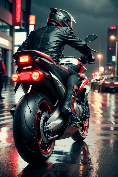 8K, UHD, (rear side view of motorbike:1.1) sleek, sporty motorbike with big metal exhaust, girl riding motorbike, short pants, wide low angle view, intense close-up, wet city streets, cinematic, volumetric lighting