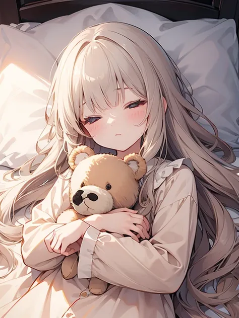 masterpiece, best quality, ultra-detailed, illustration, cute, Girl, Solo, from above, beige hair, long hair, wavy hair, blunt bangs, blouse, sleep, close eyes, wearing Pajamas, bed room, hag a stuffed teddy bear, lie down on the bed